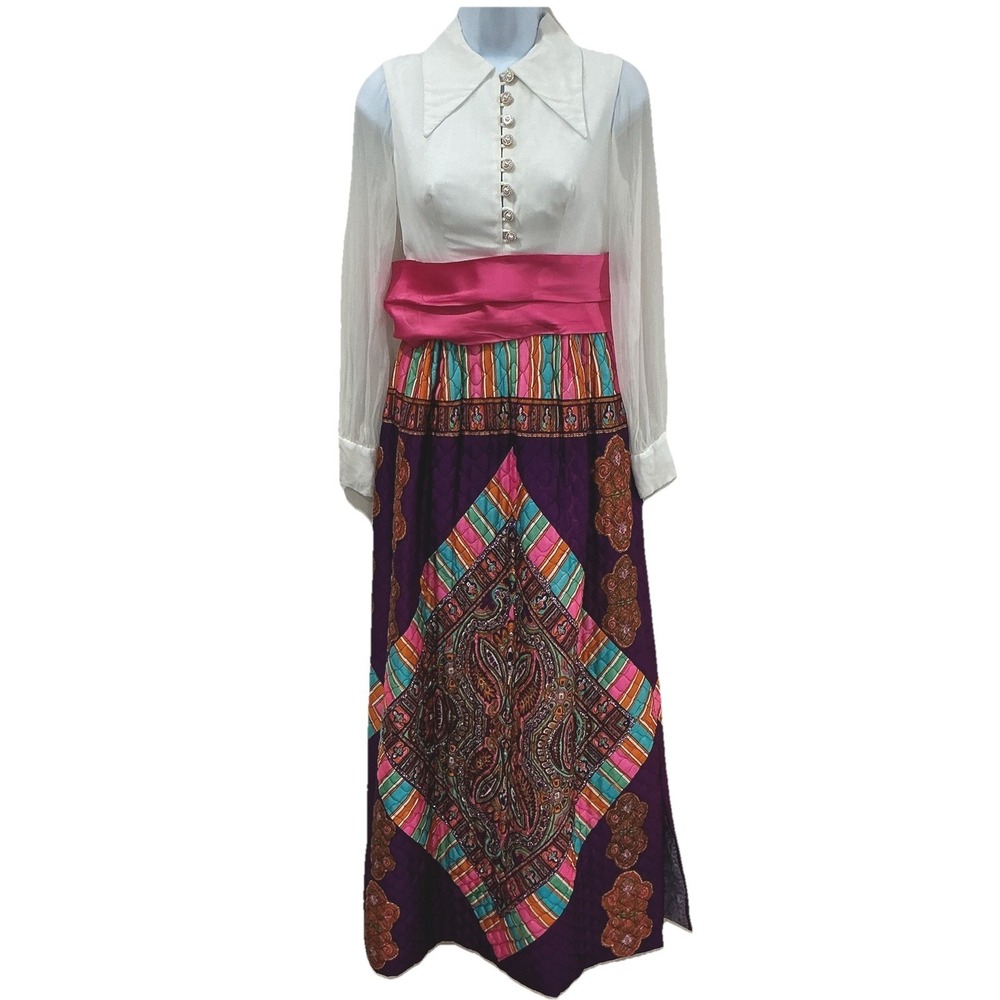 60s 70s Lord & Taylor hippy funky Maxi Dress Quilted‎ Skirt MOD Bold Print Sheer